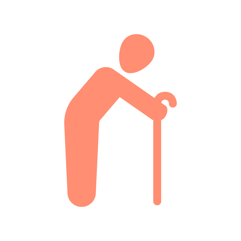 Icon einer älteren Person mit Gehstock auf gelbem Grund als Zeichen für Altersvorsorge, einem der Jobvorteile der Ostseeklinik Grömitz.