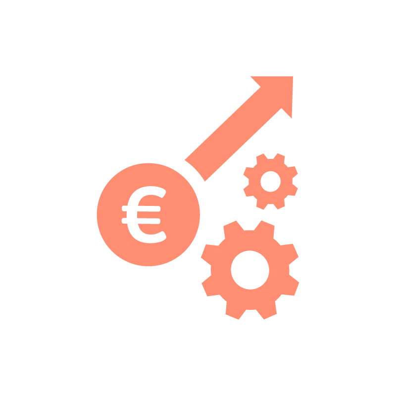 Icon einer Euromünze, von der ein Pfeil steil nach oben zeigt, daneben zwei ineinandergreifende Zahnräder – als Zeichen für vermögenswirksame Leistungen, einem der Jobvorteile der Ostseeklinik Grömitz.