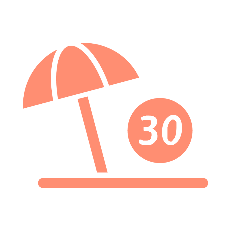 Piktogramm eines orangefarbenen Sonnenschirms und eines Kreises mit der Zahl 30 für die Urlaubstage, einem der Jobvorteile der Ostseeklinik Grömitz.