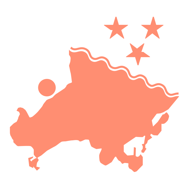 Grafik zur Lebens- und Arbeitsqualität: Stilisierte Karte der Lübecker Bucht mit der Lage von Grömitz, markiert durch einen Punkt und drei Sterne als Symbol für erstklassige Bedingungen.