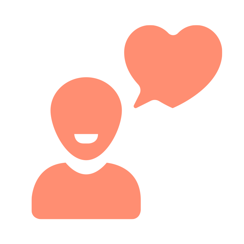 Icon einer lächelnden Person mit Sprechblase in Herzform als Zeichen für eine erfüllende Tätigkeit, einem der Jobvorteile der Ostseeklinik Grömitz.