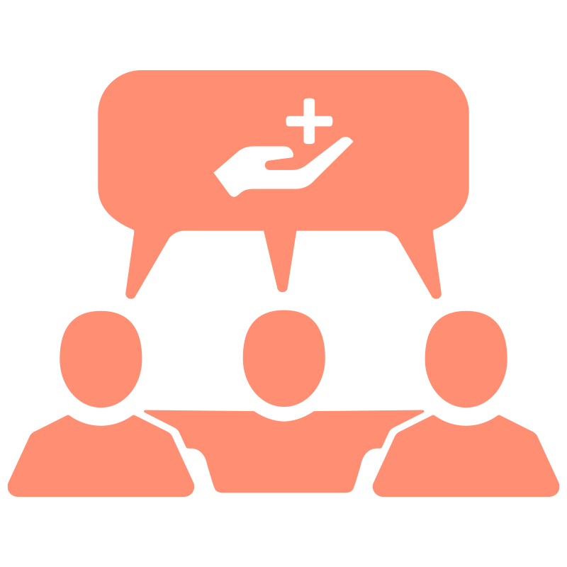 Grafik zur interdisziplinären Zusammenarbeit: Drei stilisierte Personen unter einer gemeinsamen Sprechblase mit einem Hand- und Plus-Symbol.