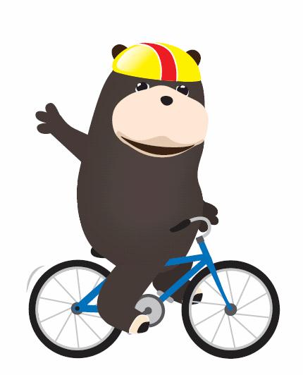 Illustration von Maskottchen Grömel, dem Seebären der Ostseeklinik Grömitz, beim Radfahren.
