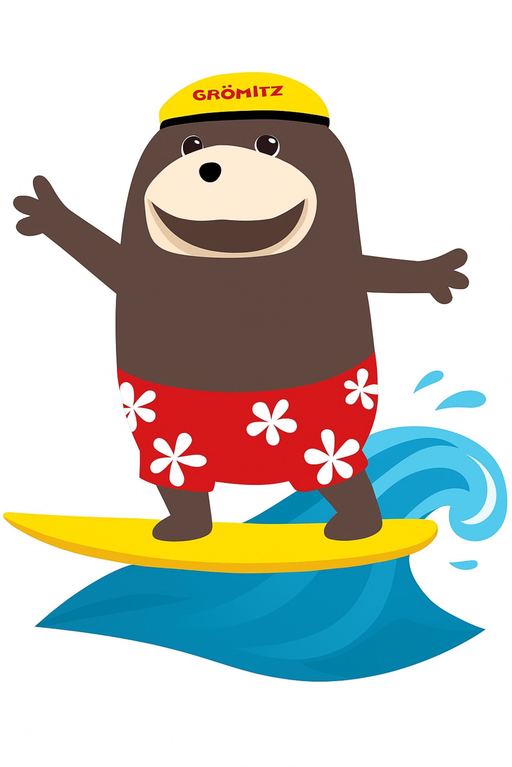 Illustriertes Maskottchen „Grömel“ der Ostseeklinik Grömitz: Ein lächelnder brauner Seebär mit gelber Kappe (Aufschrift „Grömitz“) und roter, geblümter Badeshorts, der auf einem gelben Surfboard eine blaue Welle reitet.