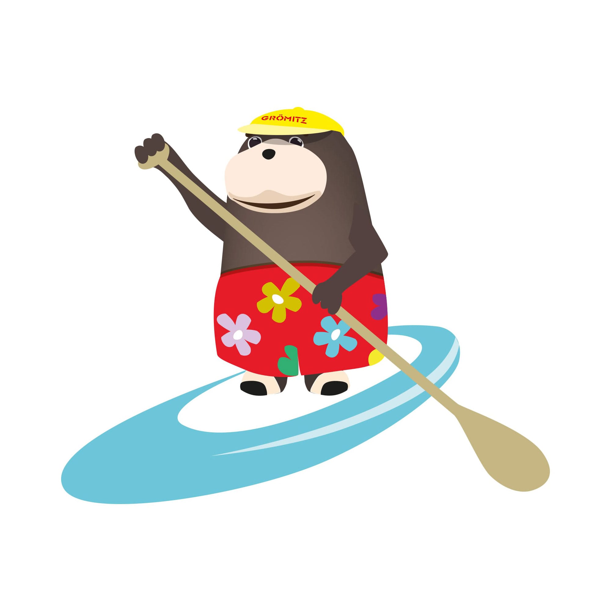 Illustration des Klinik-Maskottchens „Grömel“, ein brauner Seebär mit gelber Kappe und rot-geblümter Badehose, der auf einem blau-weißen Stand-Up-Paddling-Board (SUP) steht und ein Paddel hält.