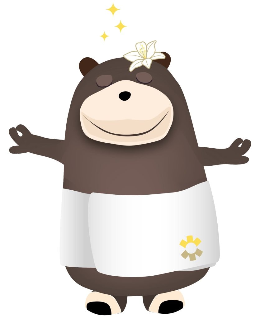 Illustration des Maskottchens der Ostseeklinik Grömitz, Grömel der Bär, in einer entspannten Wellness-Pose mit weißem Handtuch um den Körper und einer Blume hinter dem Ohr