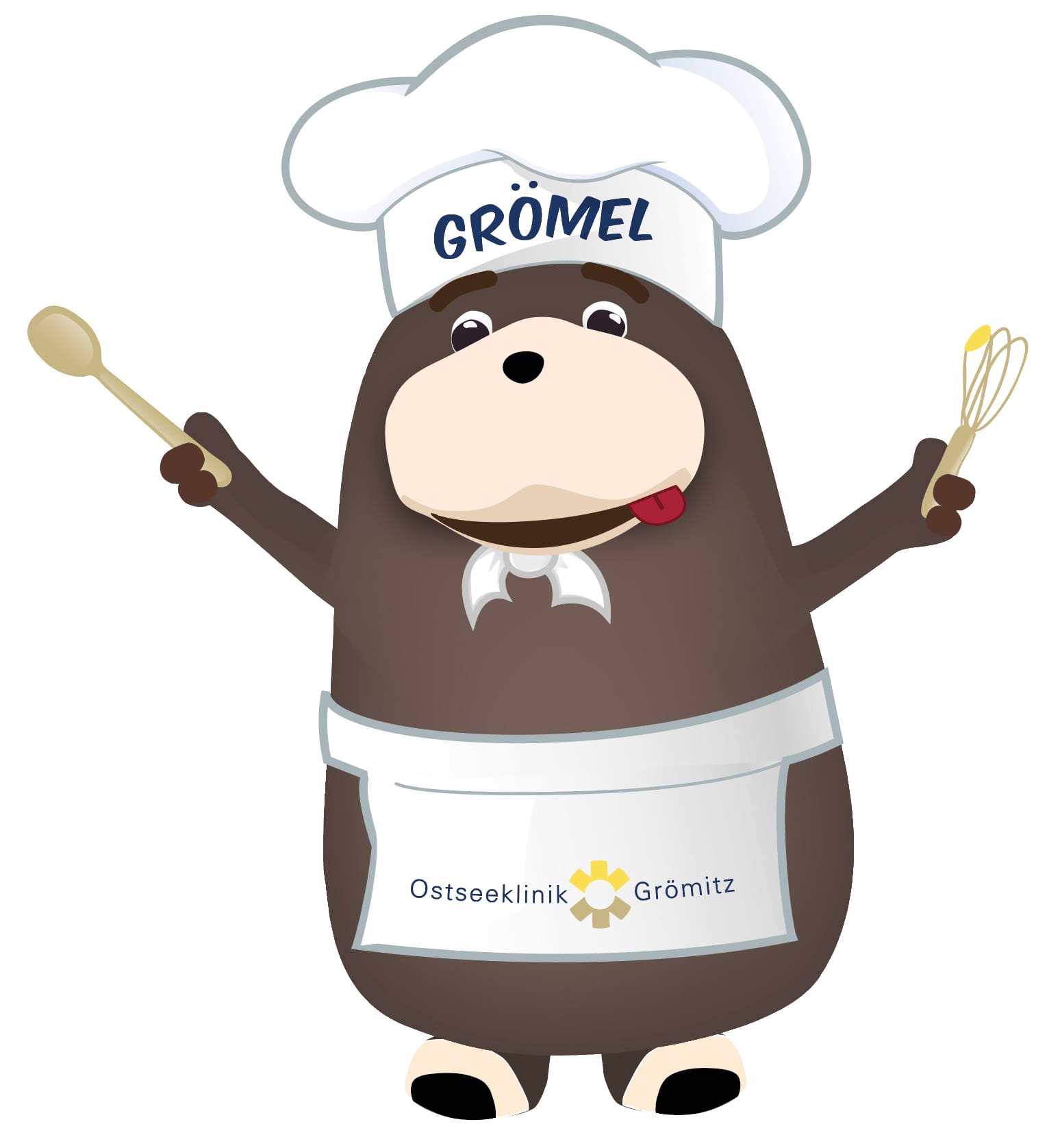 Illustration von Grömel, dem Maskottchen der Ostseeklinik Grömitz: brauner Seebär mit weißer Kochmütze und dem Namen ‚Grömel‘, mit weißer Schürze mit Klinik-Logo, in den Pfoten Holzlöffel und Schneebesen.
