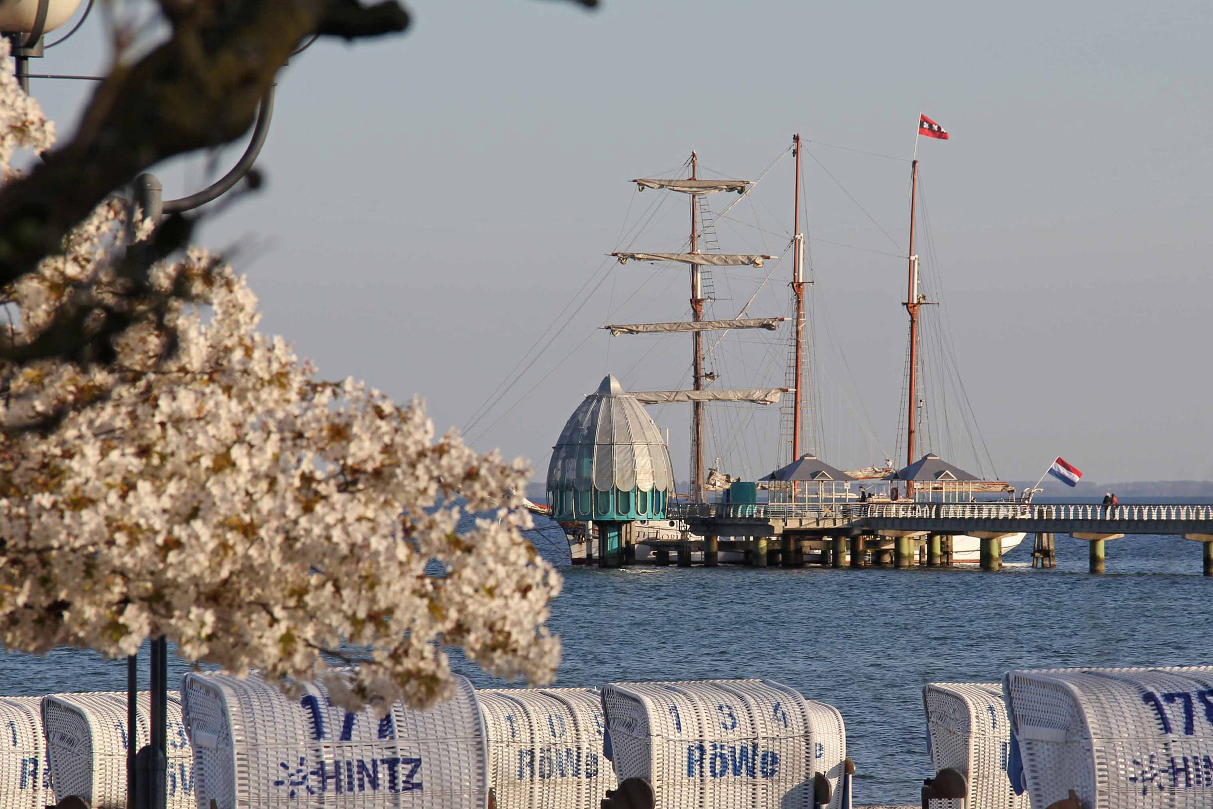 Frühlingshafter Blick auf die Seebrücke in Grömitz mit der markanten Tauchgondel, einem Segelschiff und blühenden Kirschblüten im Vordergrund.